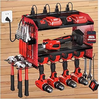 Power Tool Organizer with Charging Station and Drill Holders