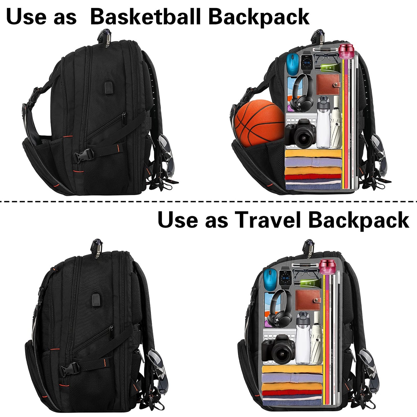 Travel Laptop Backpack, Extra Large Bookbag for Men Women,Basketball Backpack with USB Charging Port RFID Anti Theft TSA Approved,School College Student Water-Resistant Fits 17 Inch Computer Notebook