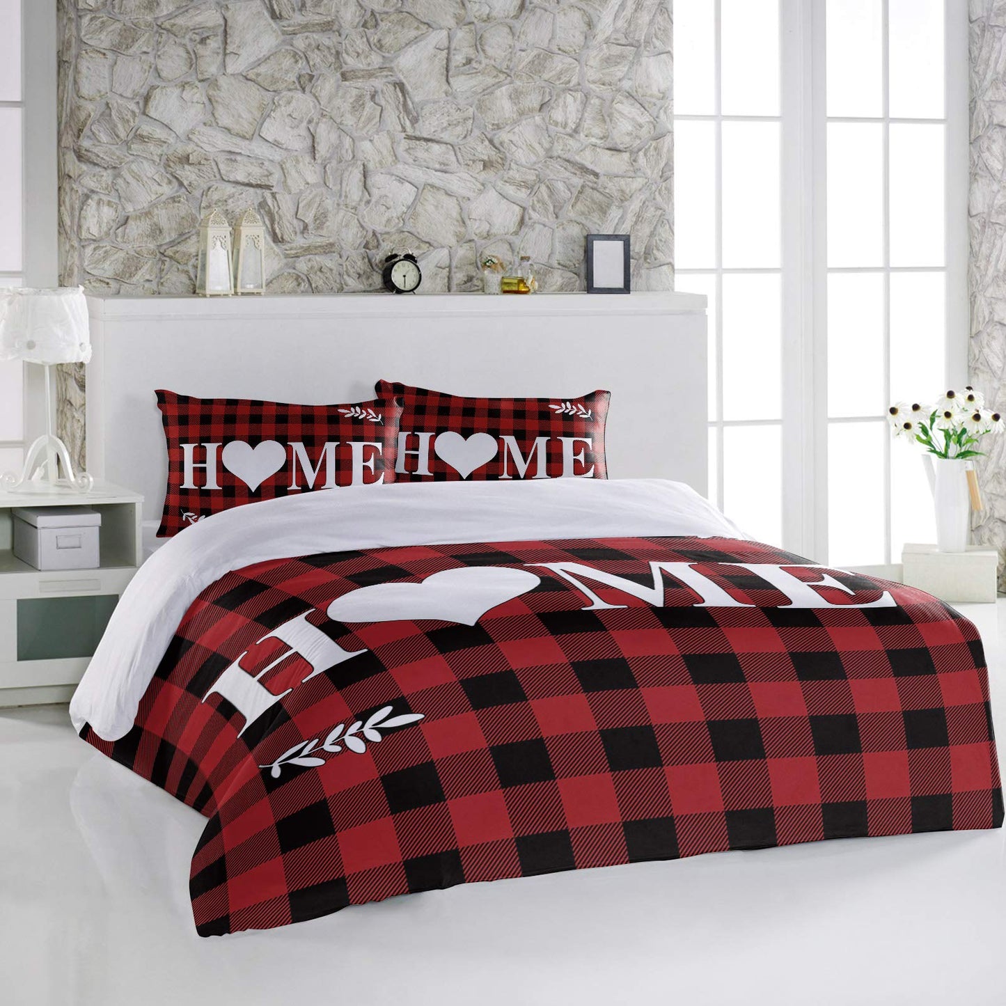 3 Pieces Duvet Cover Cal King Bedding Sets s Day Heart Home Soft Quilt Cover with Pillowcases Farm Lumberjack Buffalo Black Red Plaid Microfiber Comforter Set for Bedroom