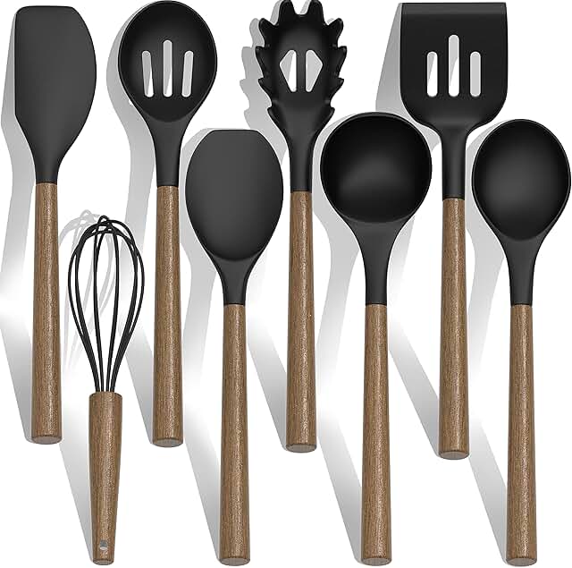 9-Piece Silicone Kitchen Utensil Set with Wooden Handles