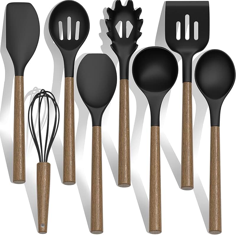 9-Piece Silicone Kitchen Utensil Set with Wooden Handles
