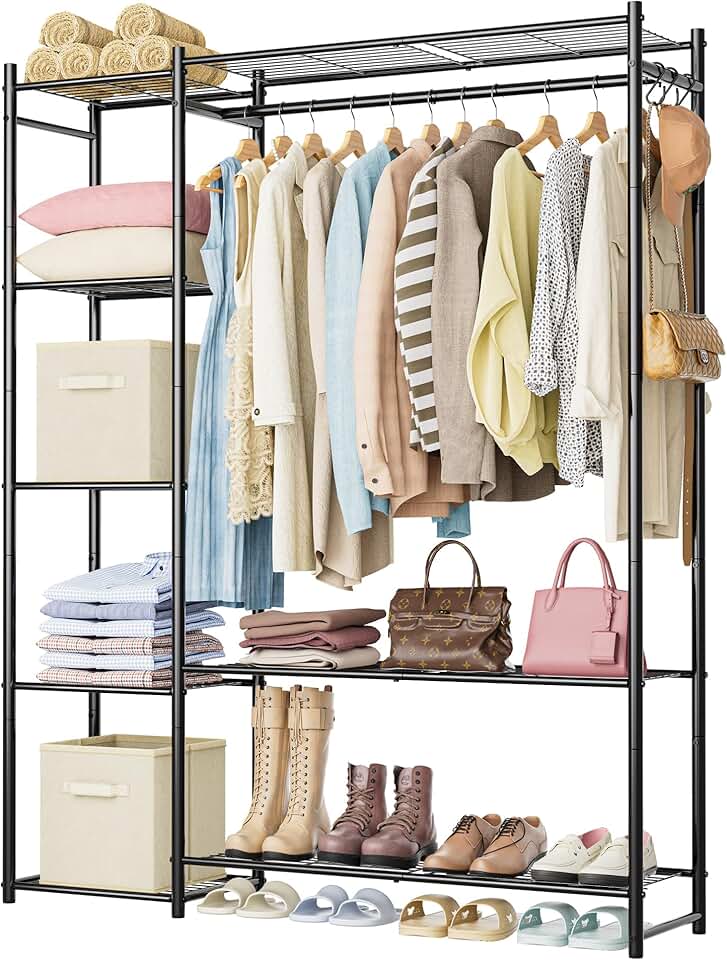 Portable 4-Tier Steel Closet with Hanging Rod