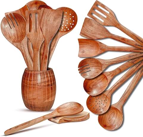 9-Piece Wooden Cooking Utensil Set with Holder