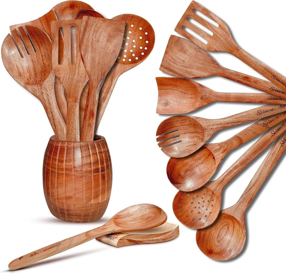 9-Piece Wooden Cooking Utensil Set with Holder