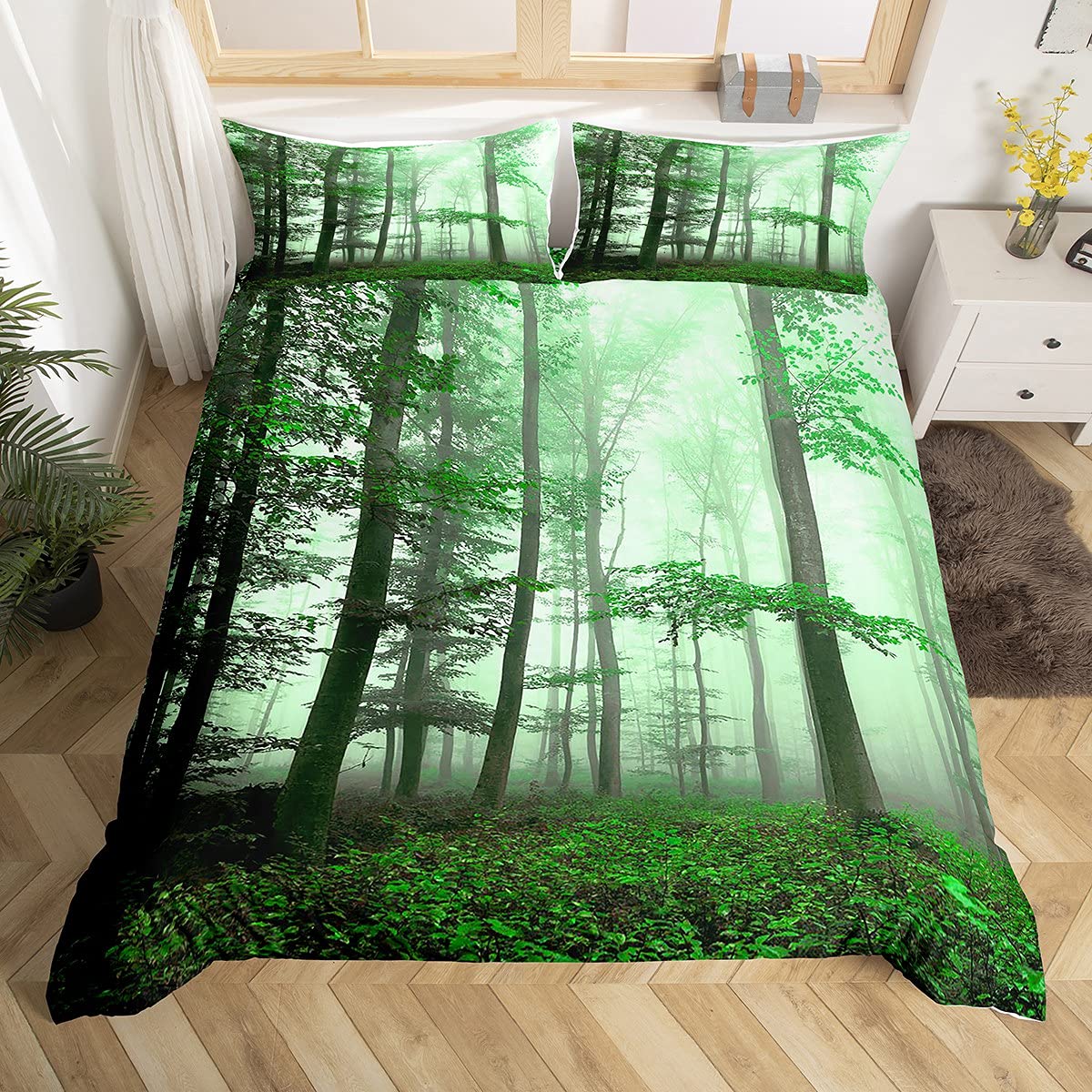 Tree Lush Bedding Set Dense Birch Trees with Green Leaves Duvet Cover Jungle Nature Botanical Print Comforter Cover, Mystical Under Heavy Fog Tall Trees Bed Set, Black Grey Queen Size