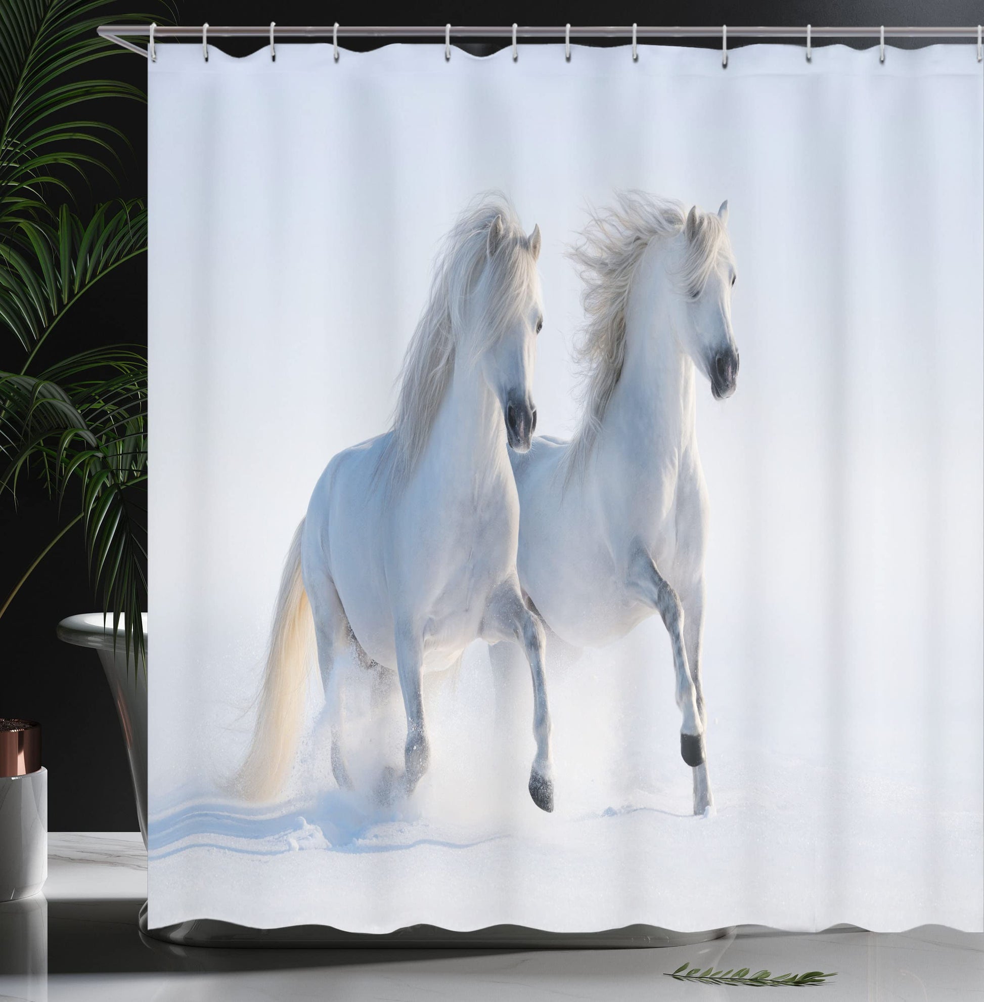Horses Shower Curtain, loping Rare Spotted Horses on Snow Field Dominant es A ino Different Animals Print, Cloth Fabric Bathroom Decor Set with Hooks, 69" W x 84" L, White
