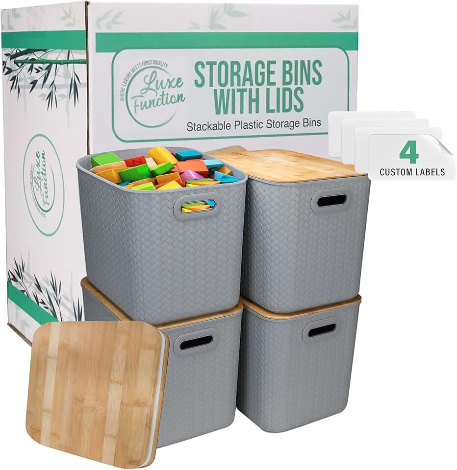 Stackable storage bins with bamboo lids for home organization