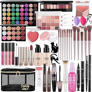 Complete makeup kit with eyeshadow, concealer, lipstick, and brushes