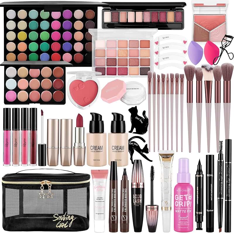 Complete makeup kit with eyeshadow, concealer, lipstick, and brushes