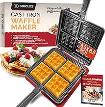 Heavy Duty Cast Iron Waffle Maker for 4 Square Belgian Waffles