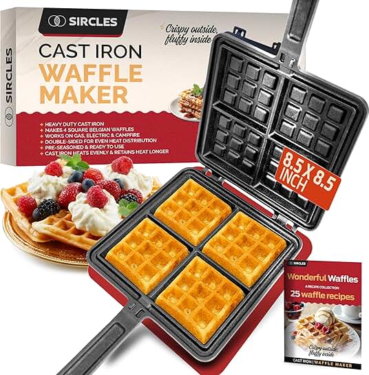 Heavy Duty Cast Iron Waffle Maker for 4 Square Belgian Waffles
