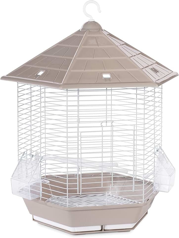 Gray and brown bird cage with stand