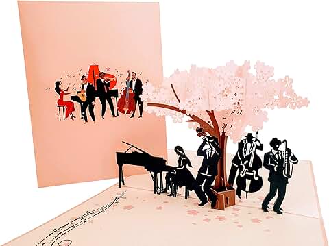 3D Jazz Band Greeting Card with Cherry Blossom Tree