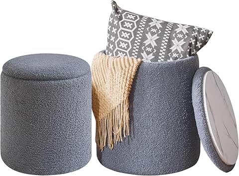 Set of 2 round storage ottomans in gray