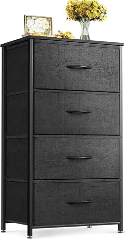 Small bedroom dresser with four fabric drawers and wood top