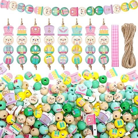 240 Pieces Christmas Wooden Beads with Twine for Crafts