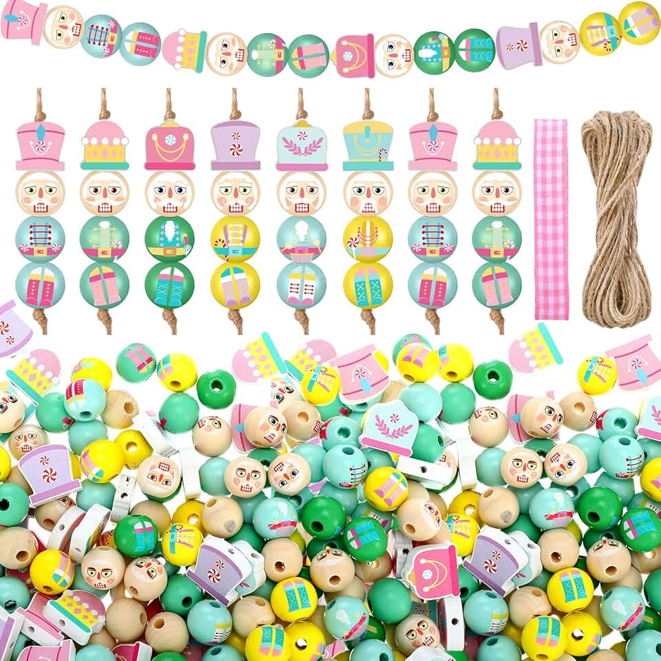 240 Pieces Christmas Wooden Beads with Twine for Crafts