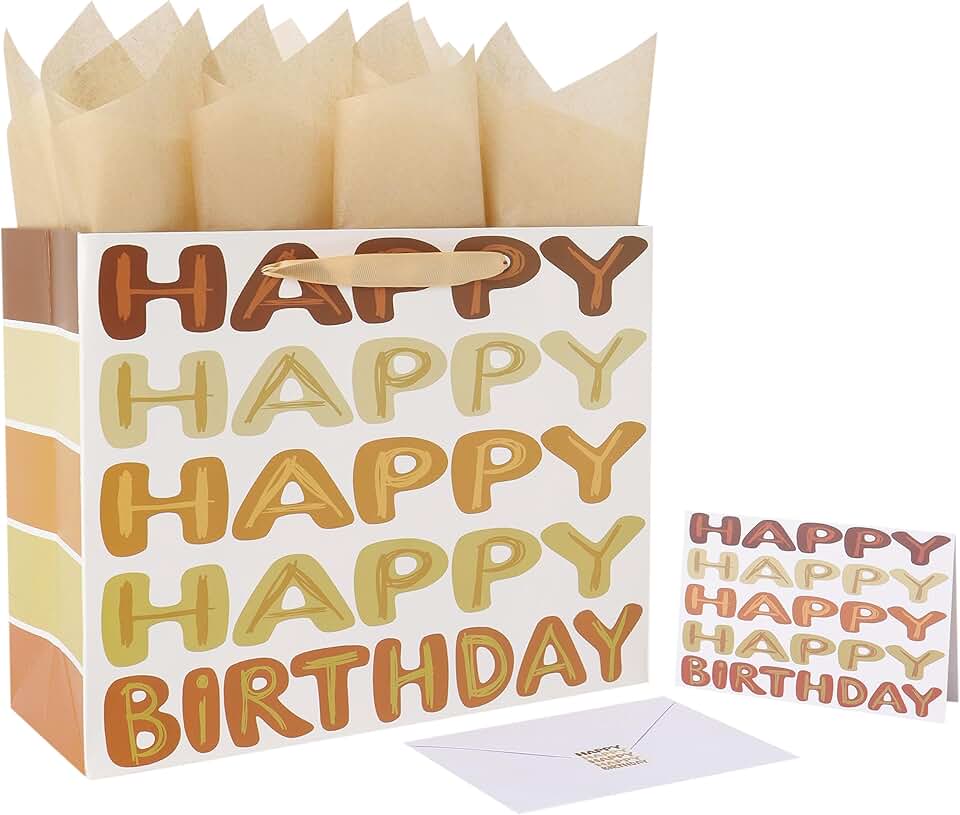 Large Gold Birthday Gift Bag with Handles and Accessories