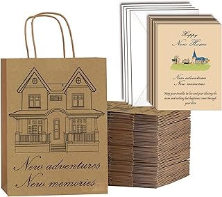 20 House Pattern Gift Bags with Handles and Kraft Paper Wrap