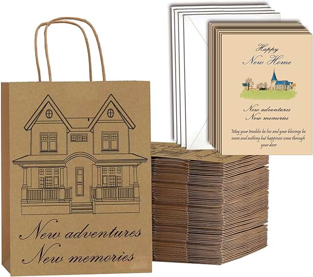 20 House Pattern Gift Bags with Handles and Kraft Paper Wrap