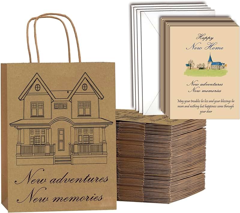 20 House Pattern Gift Bags with Handles and Kraft Paper Wrap