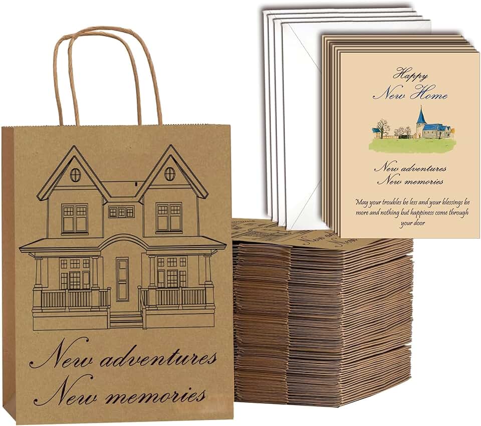 20 House Pattern Gift Bags with Handles and Kraft Paper Wrap