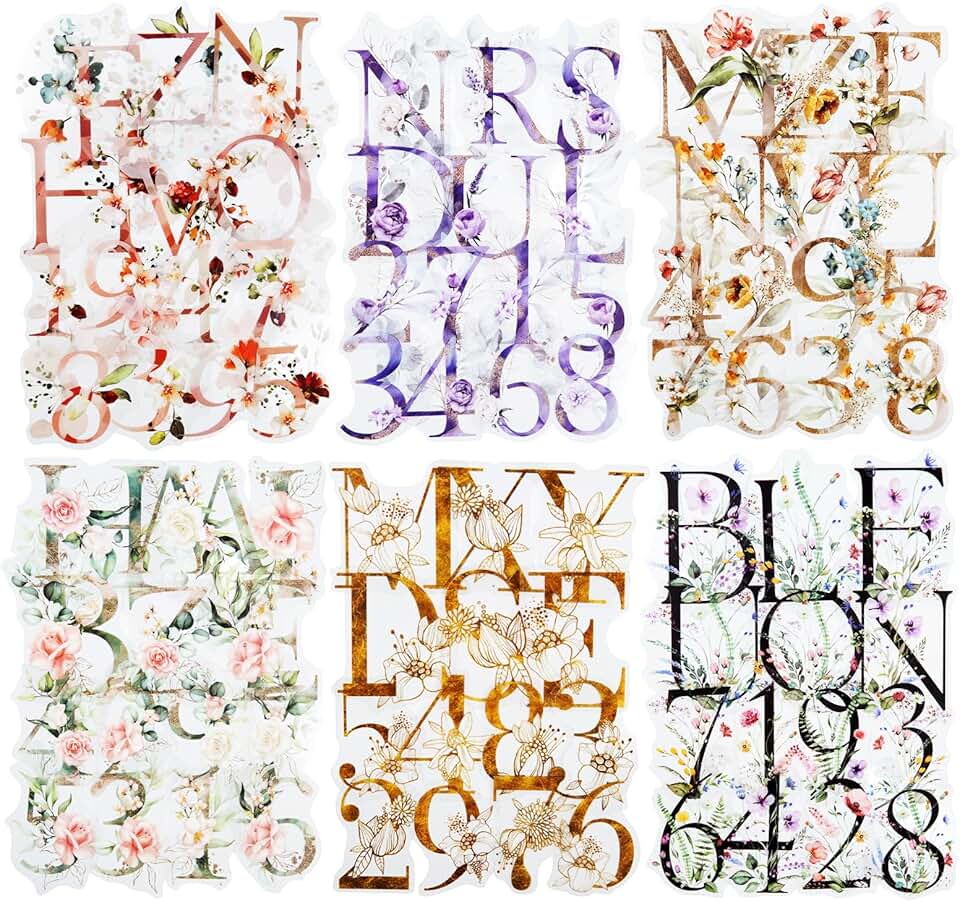 216-Piece Waterproof Floral Letter and Number Sticker Set
