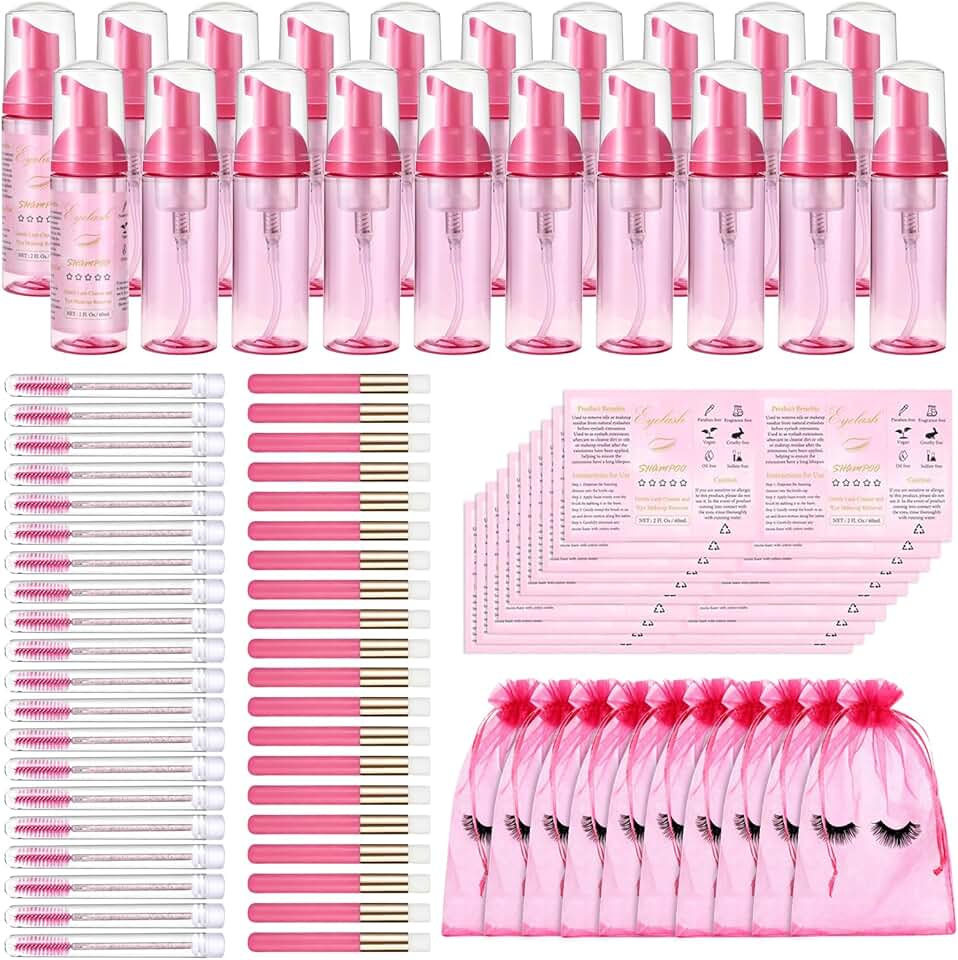Set of 100 lash cleaning tools with bottles, brushes, and labels