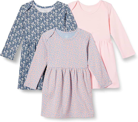 Three Cotton Long-Sleeve Dresses for Toddlers and Baby Girls