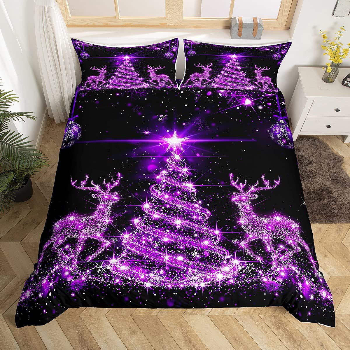 Tree Duvet Cover Set Queen Size Purple Twinkling Deer Comforter Cover Western New Year Bedding Set 3pcs for Kids Boys Girls Room Decor Theme Quilt Cover with 2 Pillowcases