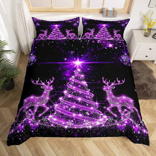 Tree Duvet Cover Set Queen Size Purple Twinkling Deer Comforter Cover Western New Year Bedding Set 3pcs for Kids Boys Girls Room Decor Theme Quilt Cover with 2 Pillowcases