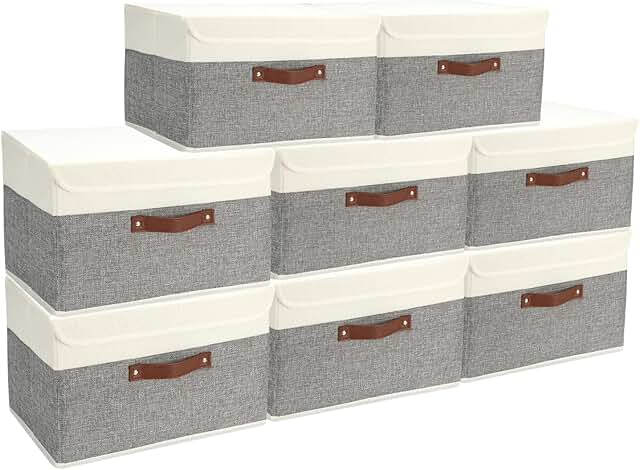 Set of 8 foldable fabric storage boxes with lids and handles
