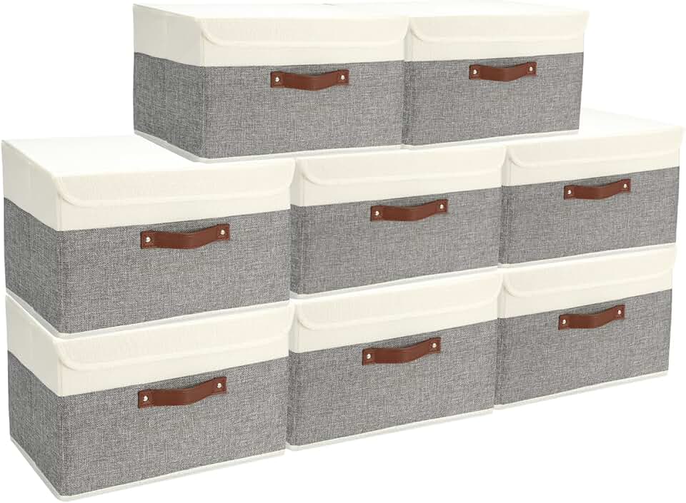 Set of 8 foldable fabric storage boxes with lids and handles