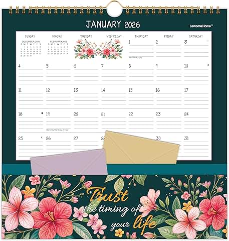 2026 Wall Calendar with Floral Design and Pocket