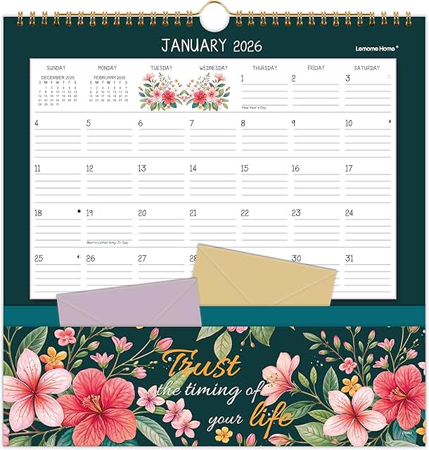 2026 Wall Calendar with Floral Design and Pocket
