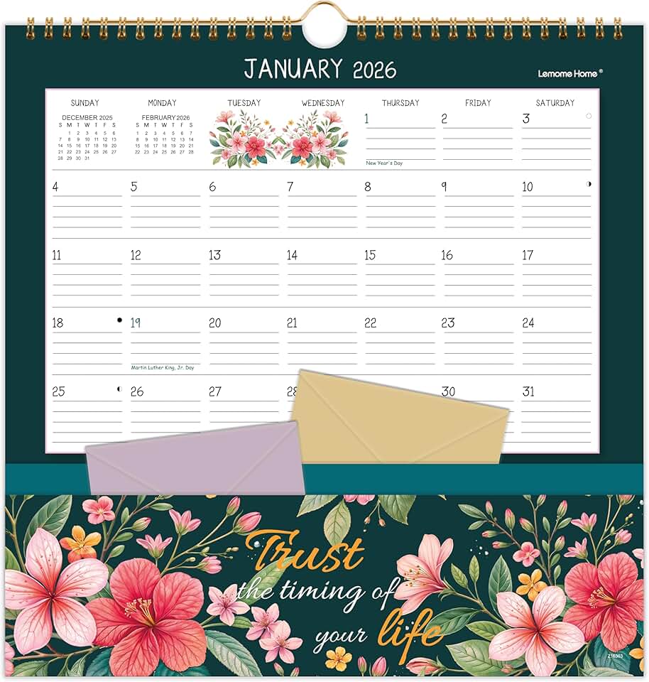 2026 Wall Calendar with Floral Design and Pocket