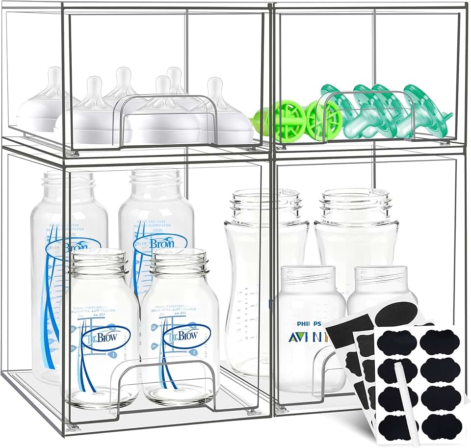 Stackable Baby Bottle Storage Drawers with Labels, 4 Pack