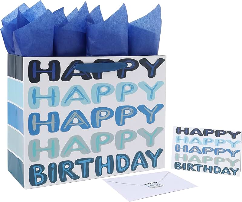 Large Blue Birthday Gift Bag with Card and Tissue