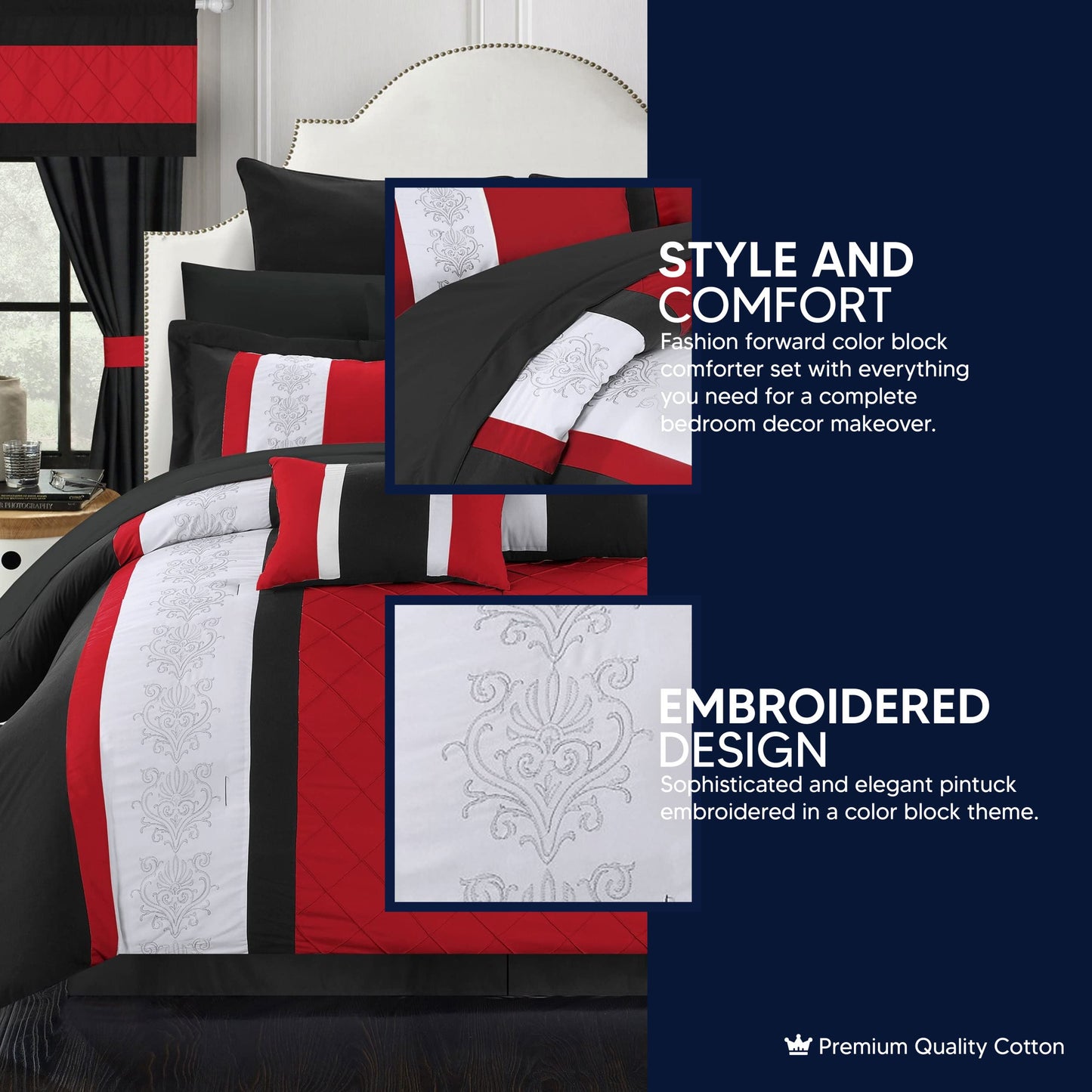 24 Piece Danielle Complete Pintuck Embroidery Color Block Bedding, Queen, Black