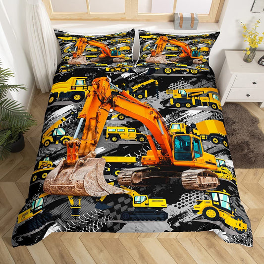 Children Excavator Duvet Cover Set Twin Size Teens Cartoon Truck Bedding Set 2pcs for Kids Room Decor Boys Construction Vehicle Comforter Cover with 1 Pillowcase Yellow Car Bedspread