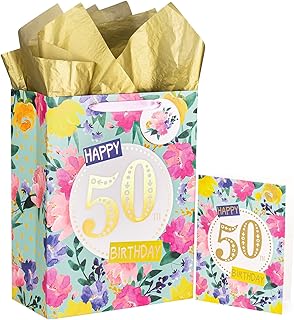 Large floral 50th birthday gift bag with card and tissue