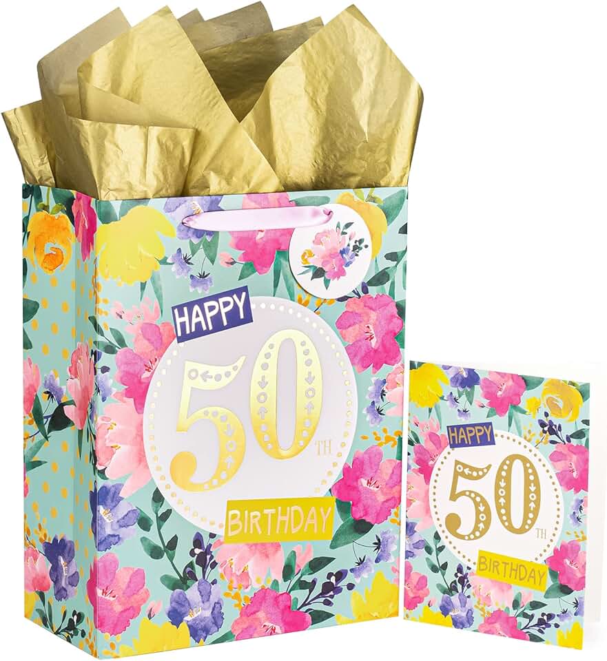 Large floral 50th birthday gift bag with card and tissue