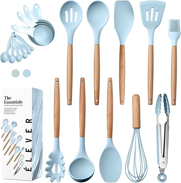 20 Silicone and Wooden Kitchen Utensils Set