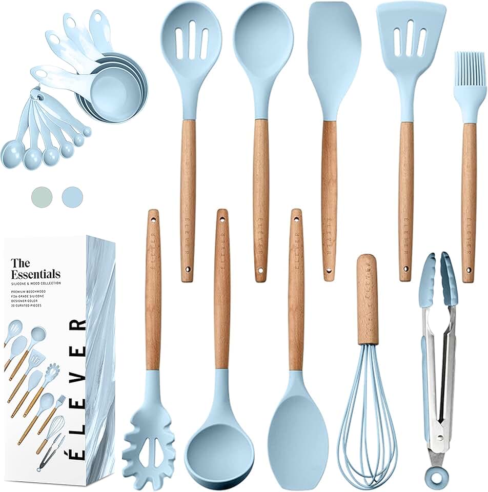20 Silicone and Wooden Kitchen Utensils Set
