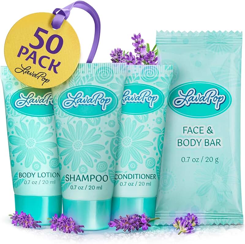 Travel Size Hotel Toiletries Set with Soap, Shampoo, Conditioner, and Lotion