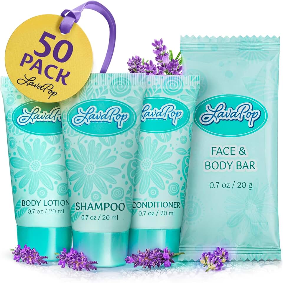Travel Size Hotel Toiletries Set with Soap, Shampoo, Conditioner, and Lotion