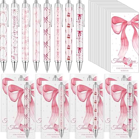 Pink Bow Party Favors with Pens and Thank You Cards