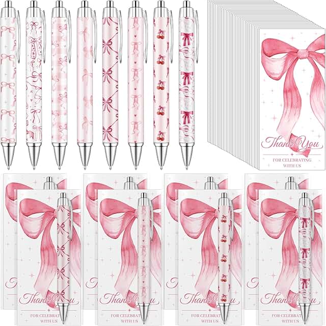 Pink Bow Party Favors with Pens and Thank You Cards