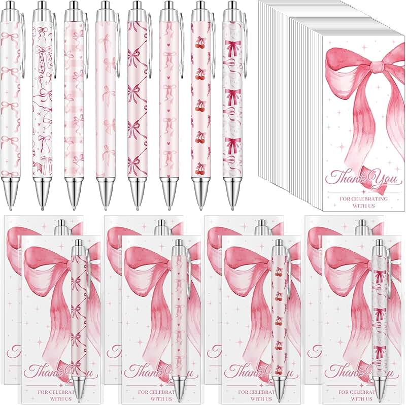 Pink Bow Party Favors with Pens and Thank You Cards