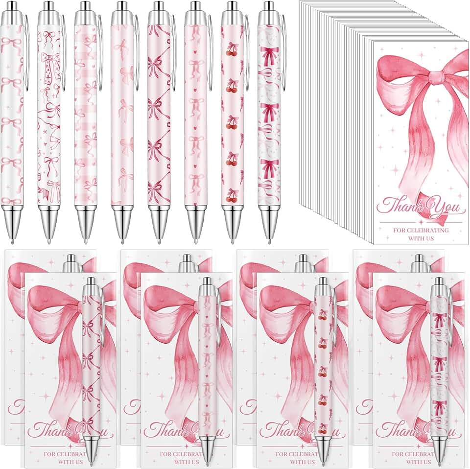 Pink Bow Party Favors with Pens and Thank You Cards